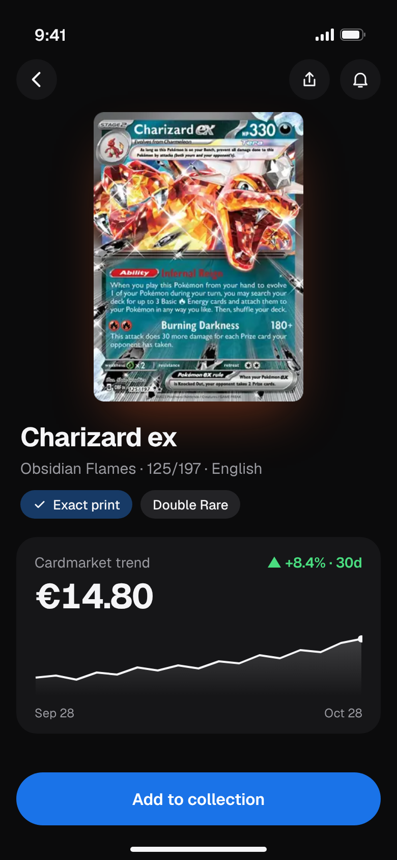 A scanned card in PokeSingle with its Cardmarket price and price history