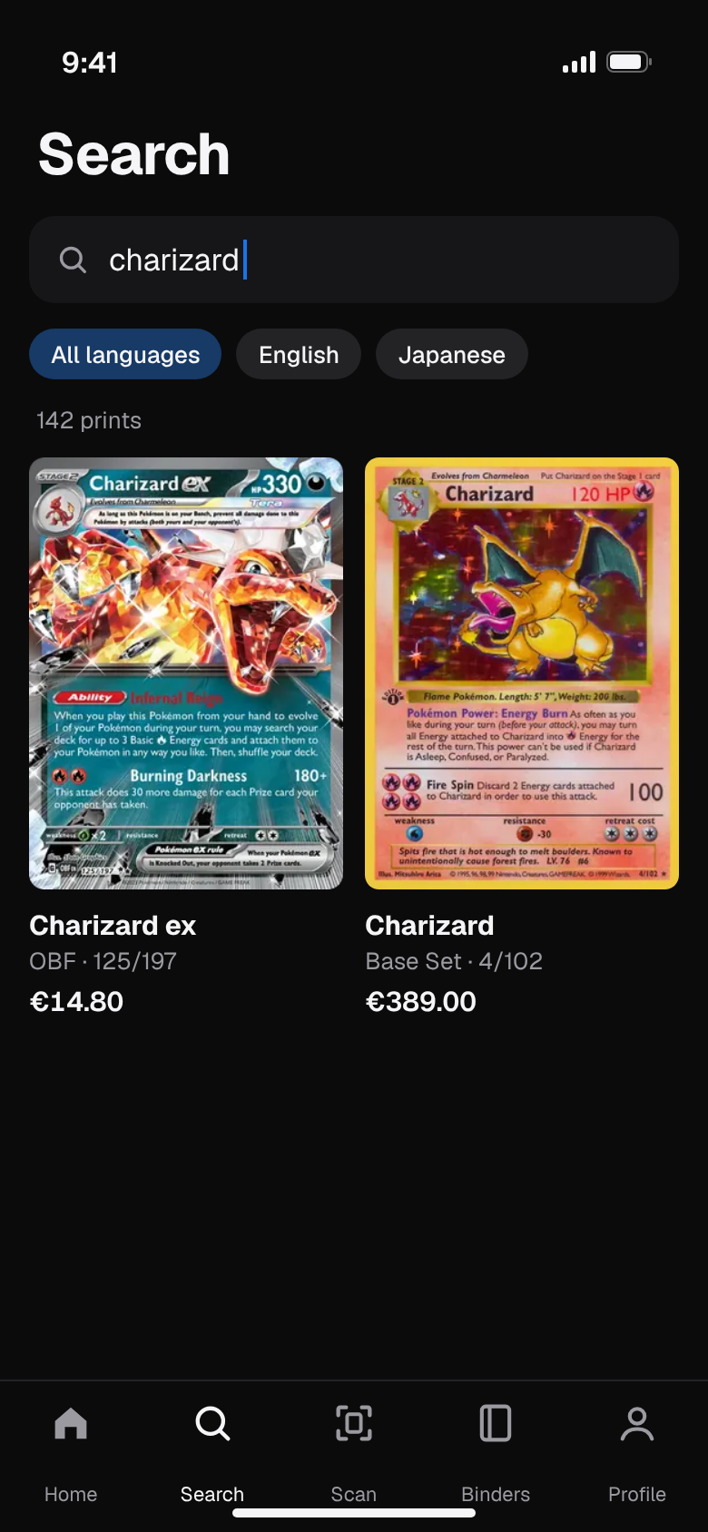 Catalogue search results with card prices in PokeSingle